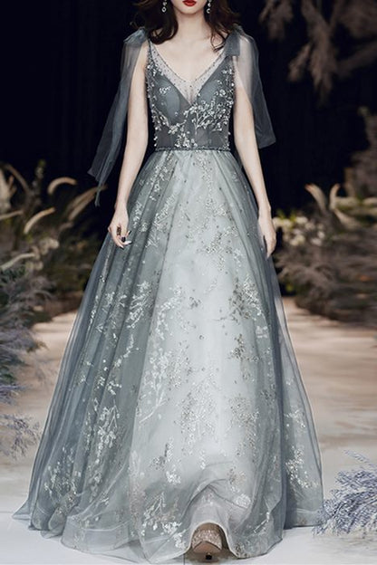 A-line Tulle Long Prom Dress with Tie Shoulders