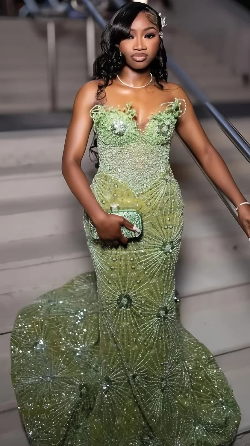 Black Girls Mermaid Prom Dresses Green Sweetheart Evening Party Dress,AST2243