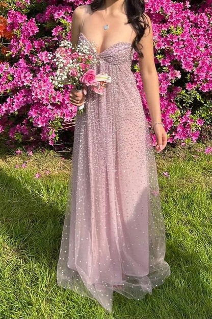 Bling A Line Spaghetti Straps Grey Blue Long Party Dress with Beading