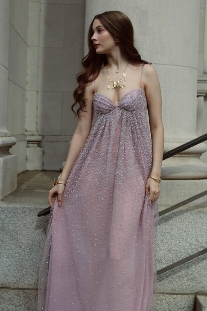 Bling A Line Spaghetti Straps Grey Blue Long Party Dress with Beading