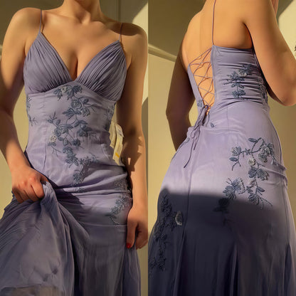 Blue Spaghetti Straps Chiffon Long Prom Dress - V-Neck A-Line Gown with Lace