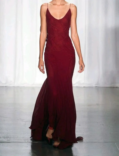 Burgundy Mermaid Chiffon Lace Prom Dress Backless Formal Gown, AST897 - Asteria