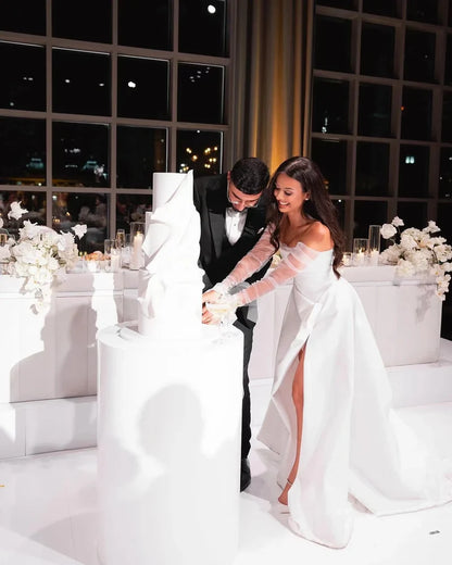 Classic White Satin Wedding Dresses A-Line Tulle Bridal Dresses, AST976