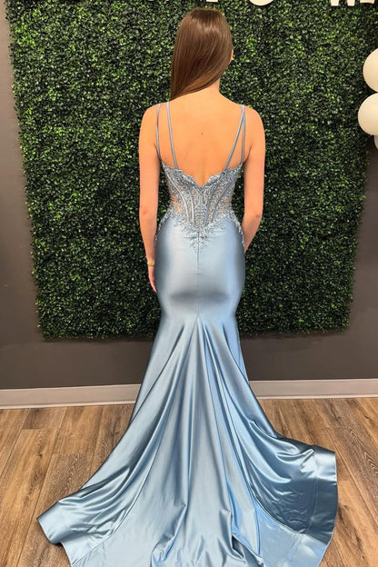 Double Straps Appliques Mermaid Satin Formal Dress