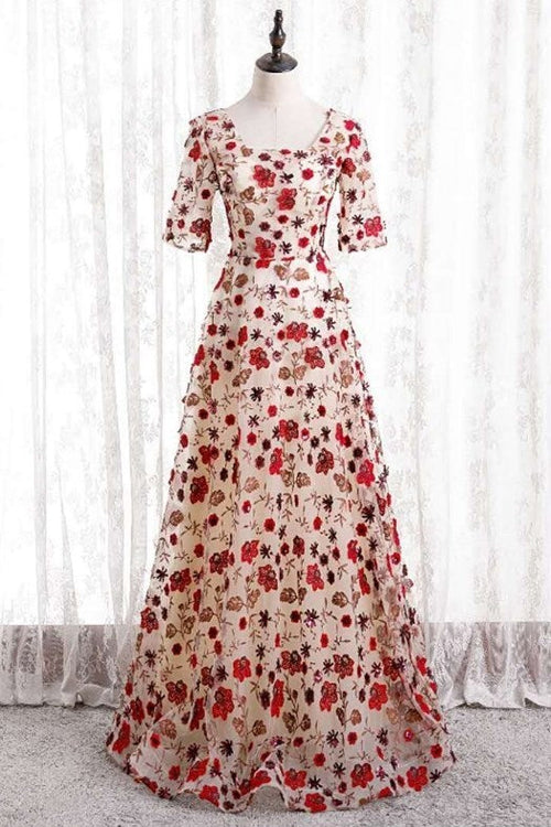 Floral Print Long Party Dress with Short Sleeves