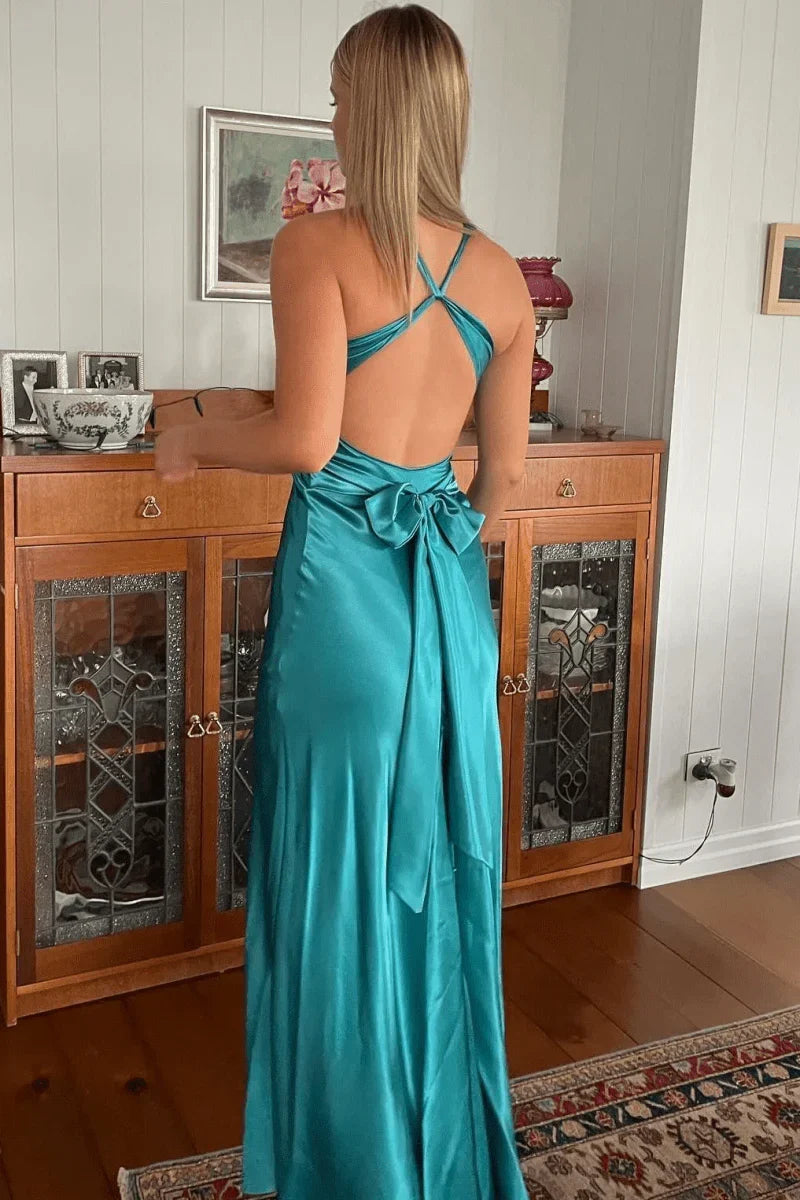 Halter V-Neck Pleated Satin Sleeveless Long Prom Party Dress, AST2088