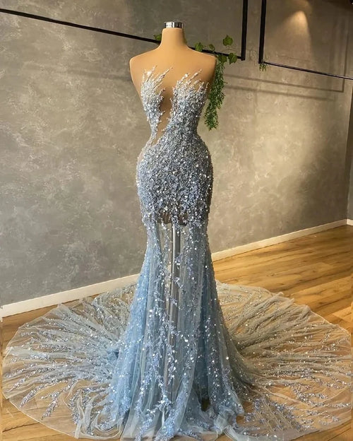 Light Blue Mermaid Sequin Party Dresses Sexy Prom Dress,AST2287