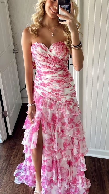 Light Yellow Floral Slit Prom Dresses With Ruffles Skirt, AST1498