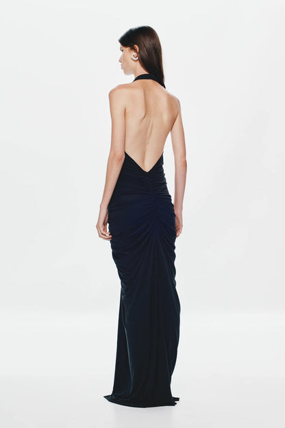 Misha Venus Gathered Cupro Dress - Black