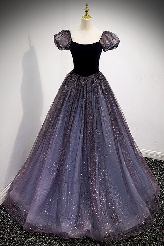 Navy Blue A-line Short Puffy Sleeves Princess Long Dress