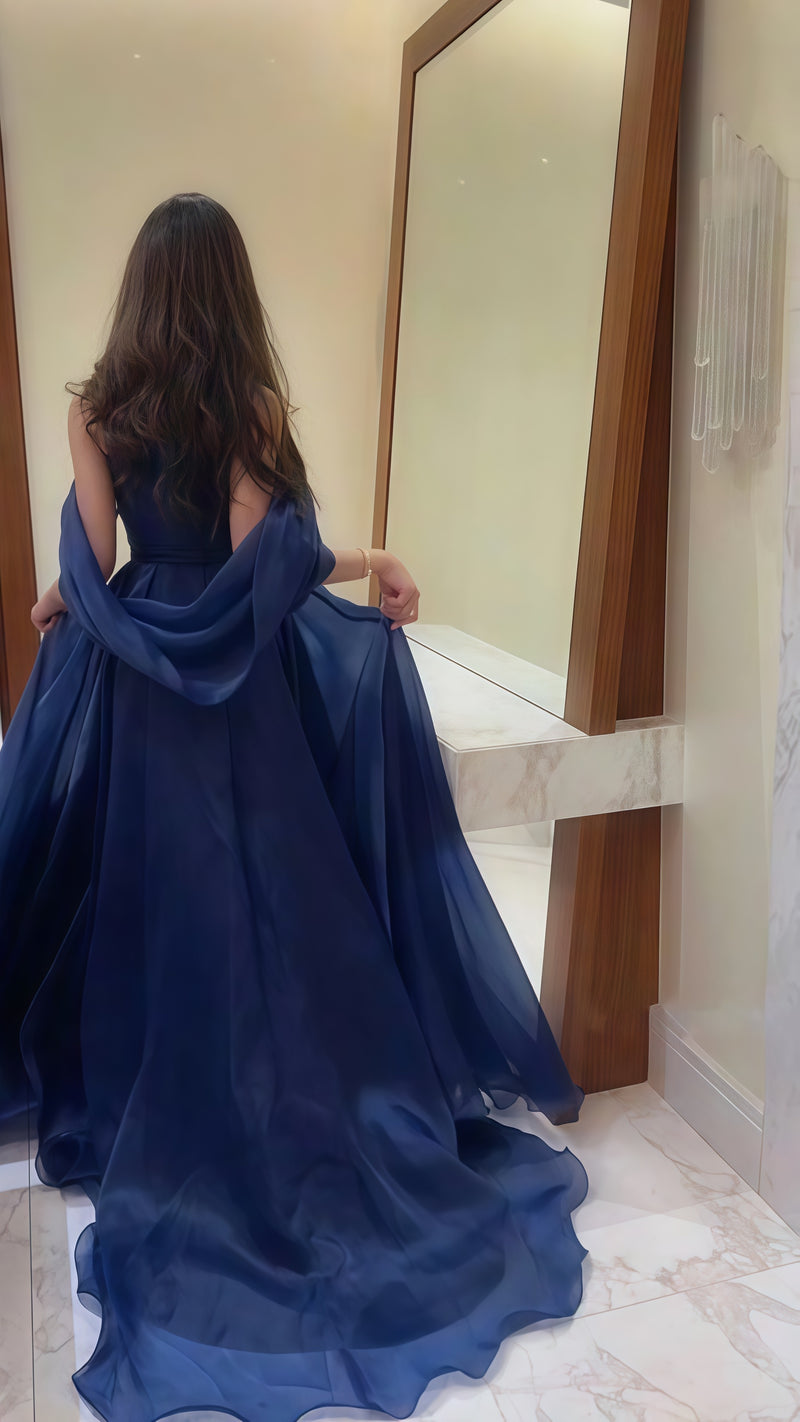 Navy Blue Organza A-line Evening Prom Dresses,AST1675