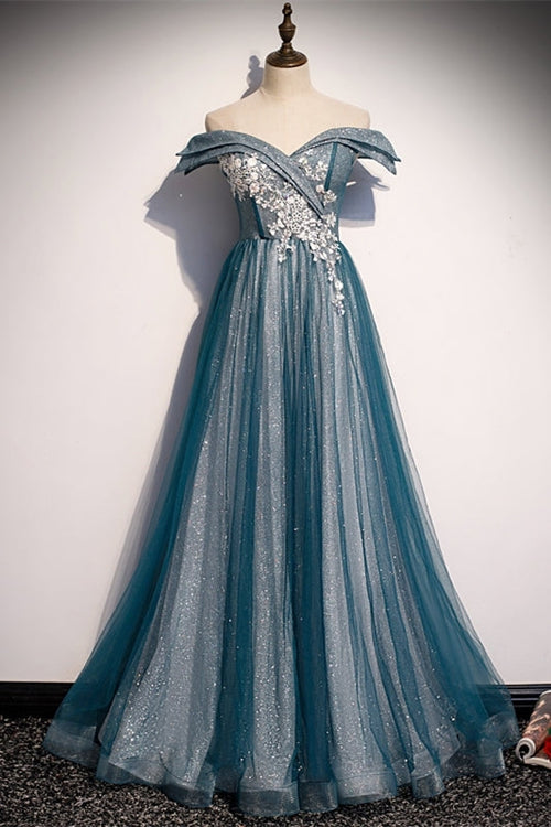 Off the Shoulder Blue Long Party Dress