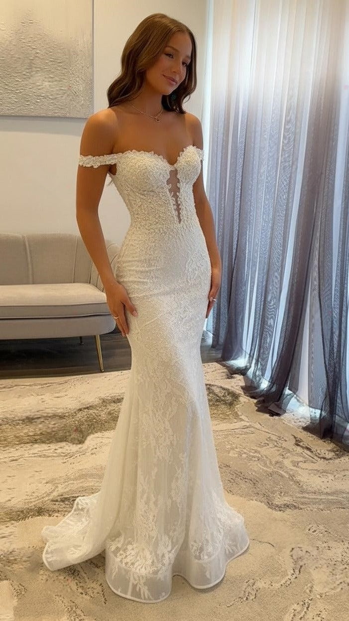 Off The Shoulder Mermaid Prom Dresses Lace Appliques Evening Party Dress,AST2290