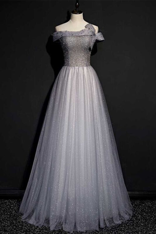 Off the Shuolder Grey Beaded Long Party Dress