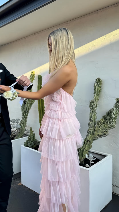 One Shoulder Pink Tulle Ruffle Graduation Dress, Long Senior Prom Dresses 2025,AST1601