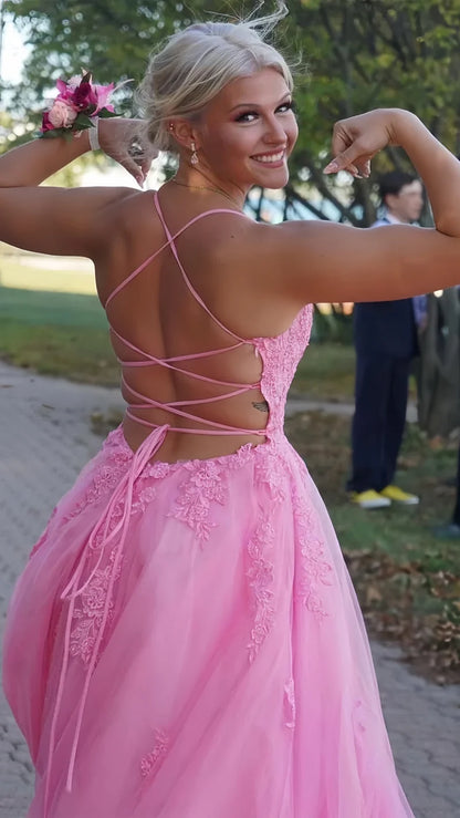 Pink A-Line Lace Up Prom Dresses With Split, AST1584