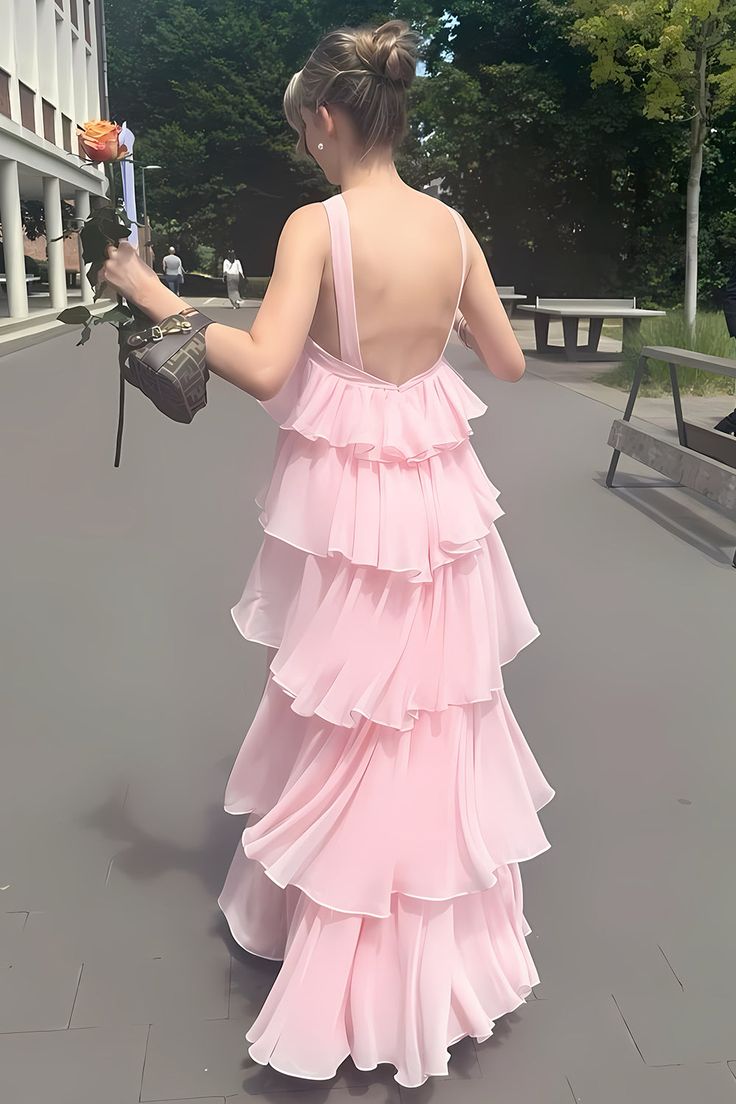 Pink Ruffle Chiffon Party Dress, AST1734