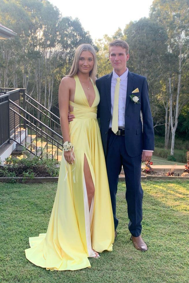 Plunge Yellow A-line Long Formal Dress with Slit