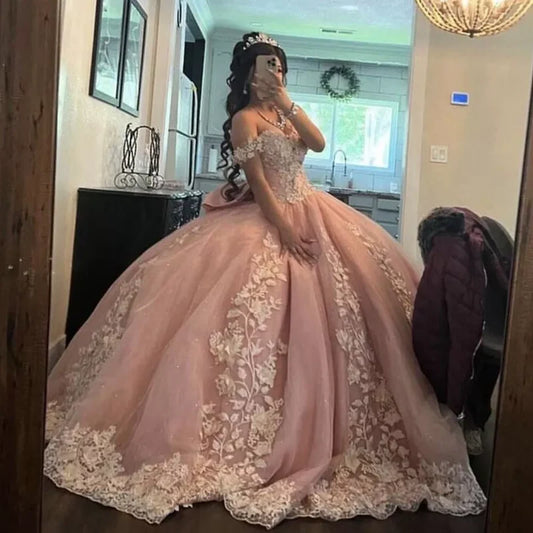 Princess Pink Quinceanera Dresses Lace Applique Sweet15 16 Prom Party Ball Gowns,AST1303