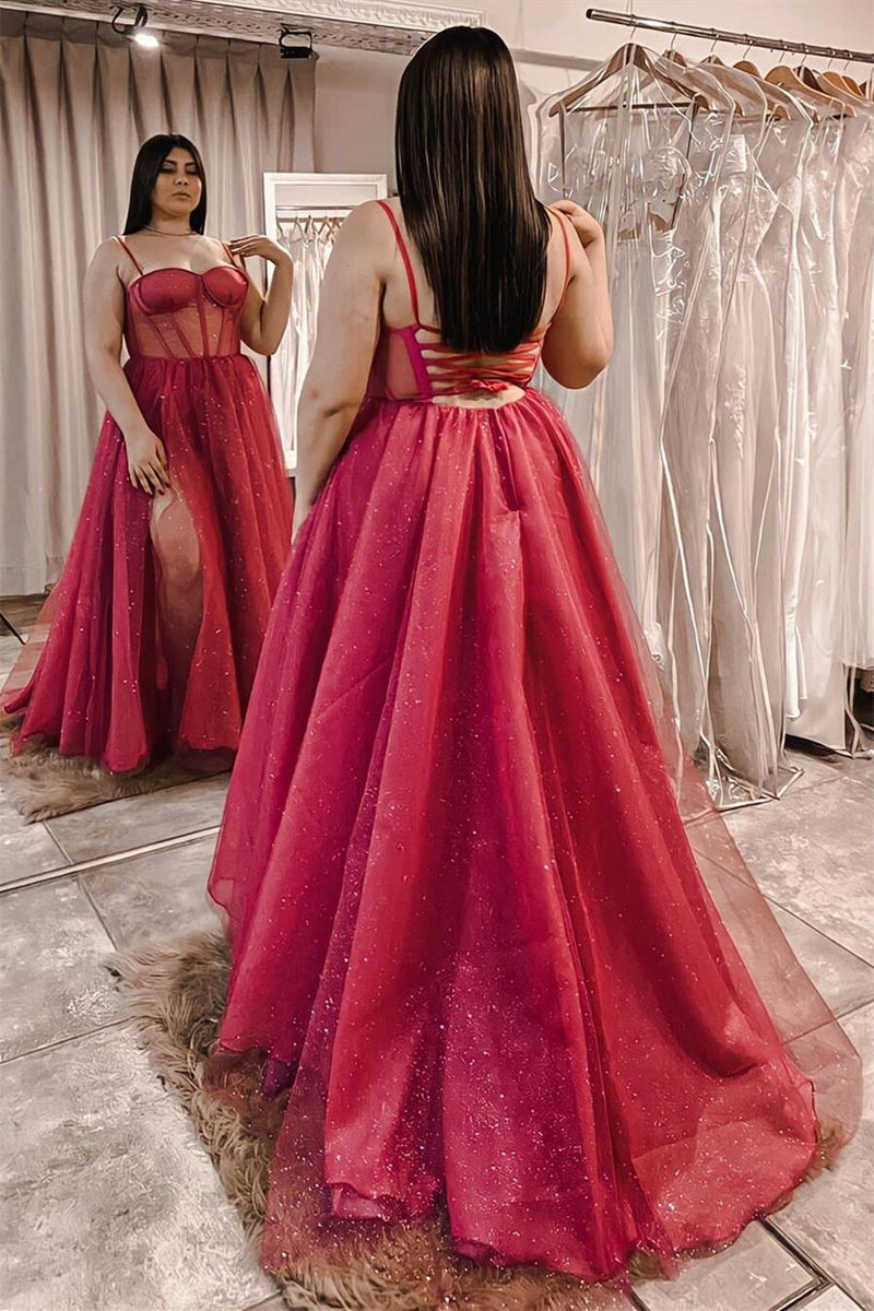 Red Sheer Corset A-line Long Formal Dress