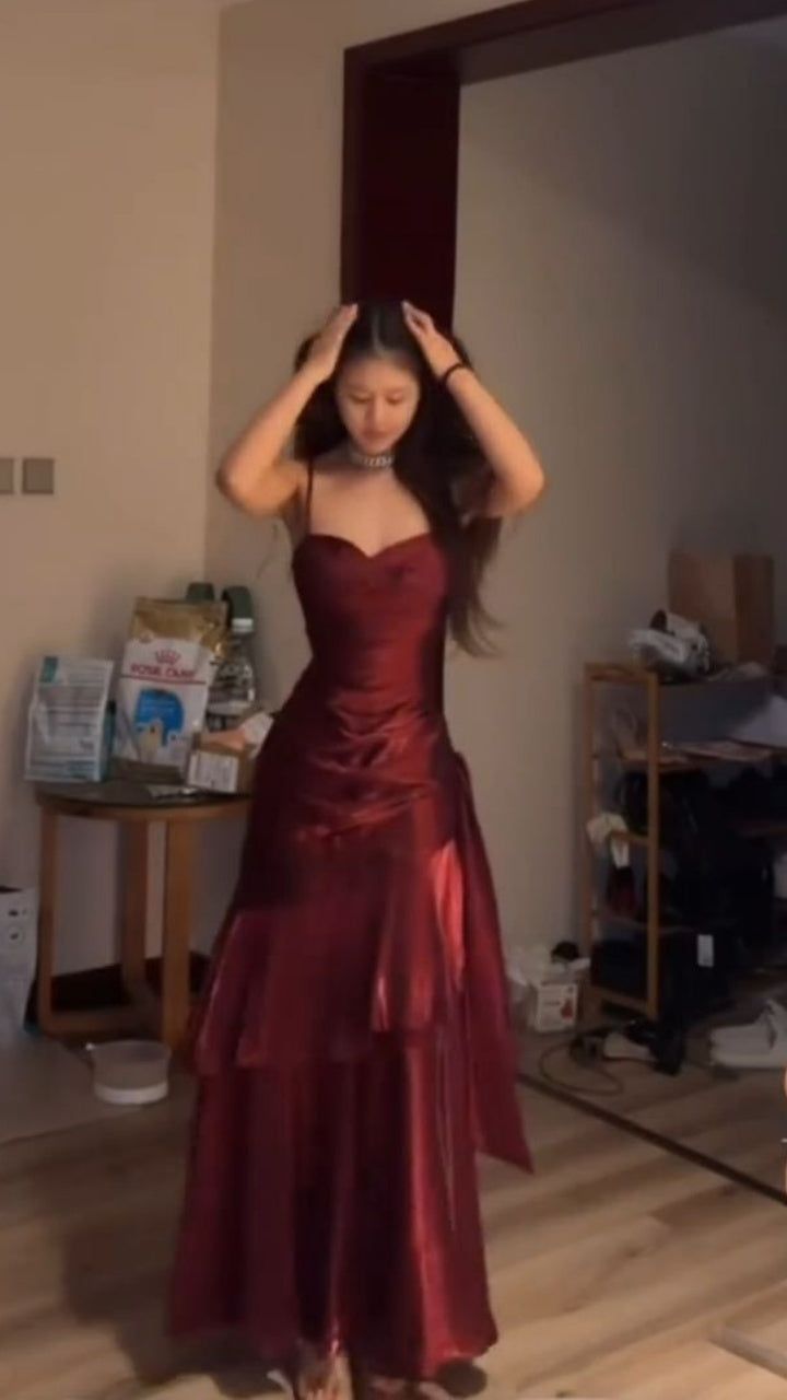 Retro Spaghetti Straps Burgundy Ruffle Prom Dresses Sparkle Night Formal Dress,AST2286