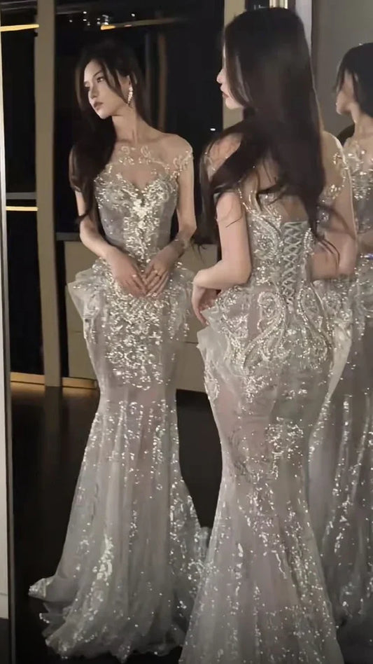 Sexy Silver Mermaid Prom Dresses Sequin Lace Tulle Evening Party Dress,AST2231
