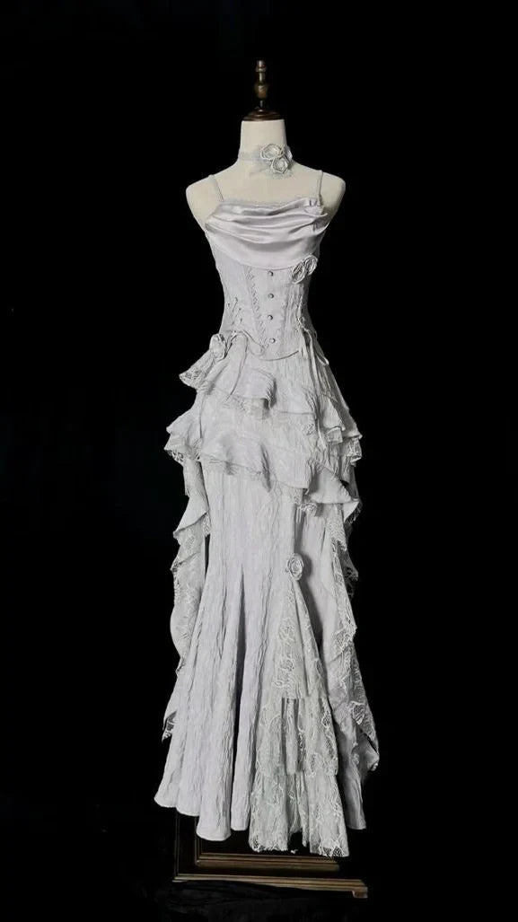 Silver Grey Retro Fashion Elegant Long/Short Lace Homecoming Dress Prom Dress Evening Gown,AST2286