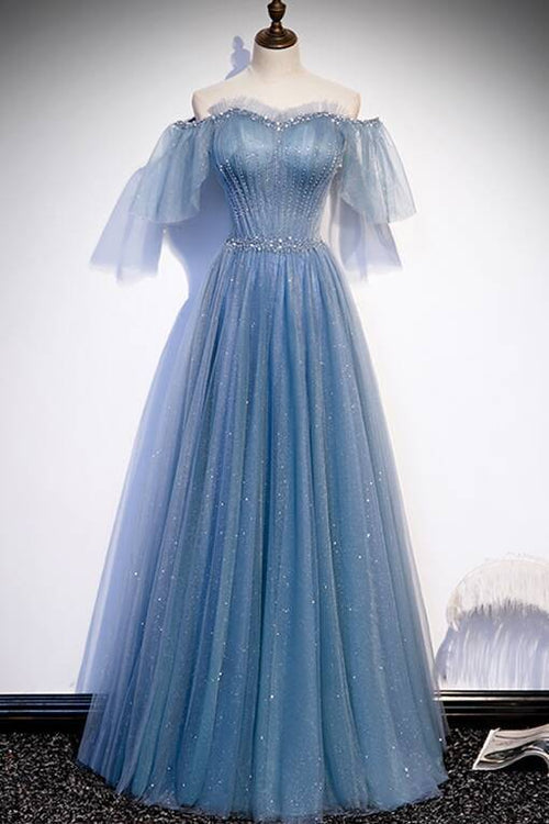 Simple Blue A-line Off the Shoulder Long Prom Dress