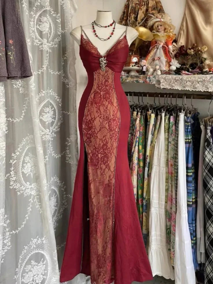Spaghetti Straps Lace V-Neck Evening Prom Dresses,AST2261