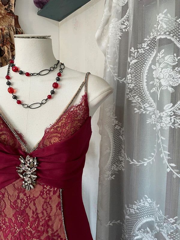 Spaghetti Straps Lace V-Neck Evening Prom Dresses,AST2261