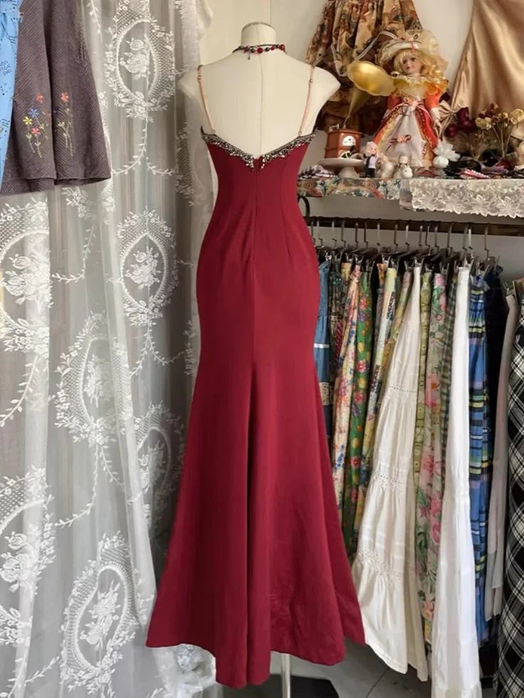 Spaghetti Straps Lace V-Neck Evening Prom Dresses,AST2261