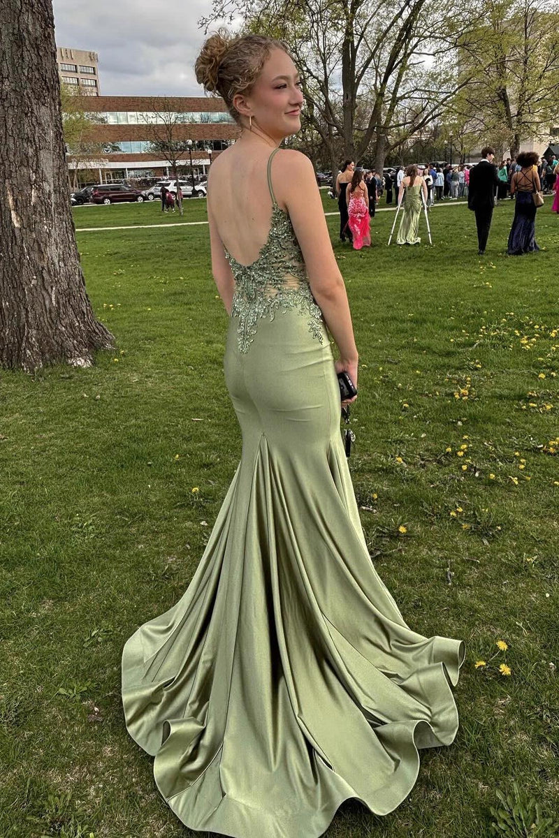 Spaghetti Straps Light Blue Appliques Mermaid Formal Dress