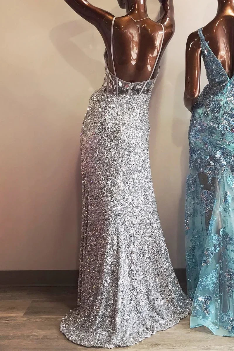 Spaghetti Straps V-Neck Prom Dresses Glass Mirror Evening Party Dress Sequin Mermaid Graduation Dress,AST2213