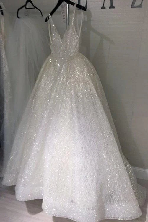 Sparkly V-neck Sleeveless Backless Floor-length Wedding Dresses,Prom Dresses,AST1219