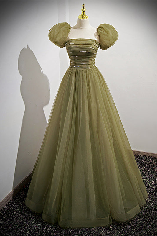 Strapless Green Tulle A-line Long Formal Dress