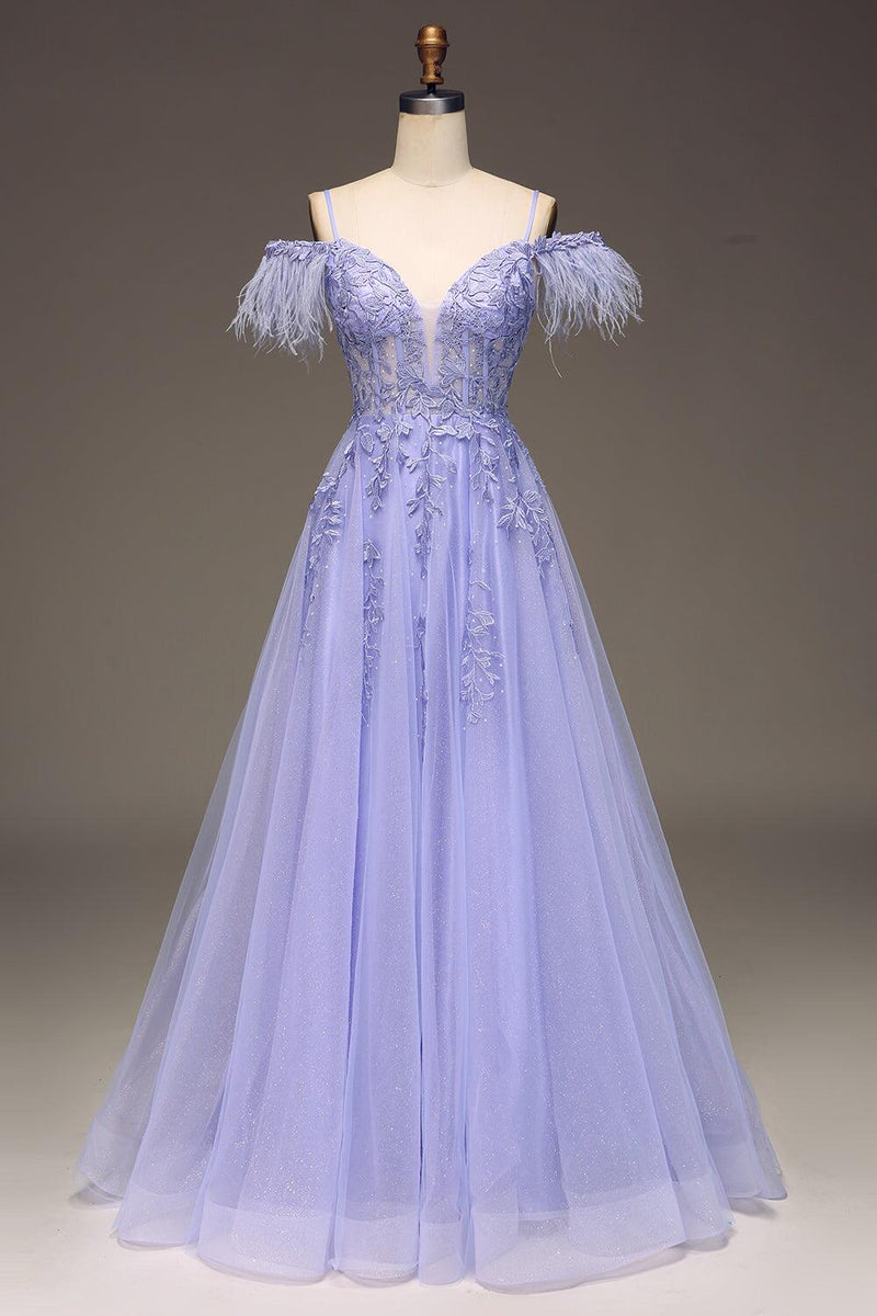 Straps Blue Sheer Appliques A-line Long Dress