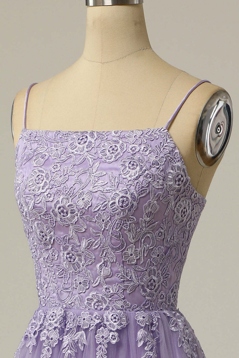 Straps Lavender A-line Appliques Long Prom Dress