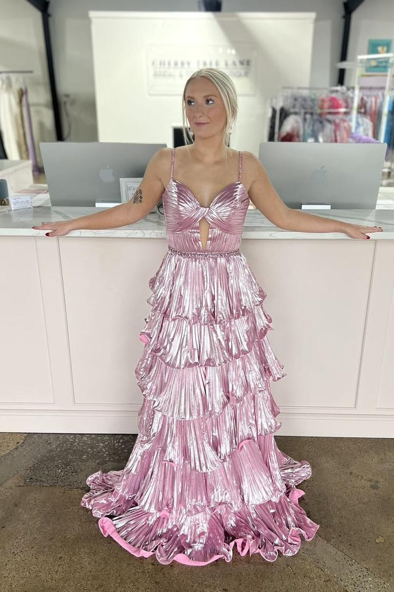 Straps Pink Metallic Pleated A-line Ruffle Long Formal Dress