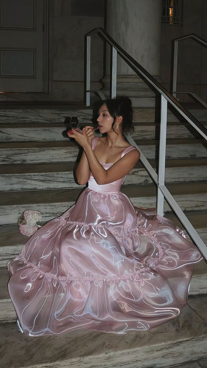 Stylish A Line Spaghetti Straps Pink Long Prom Dress with Lace - Pink,AST2107