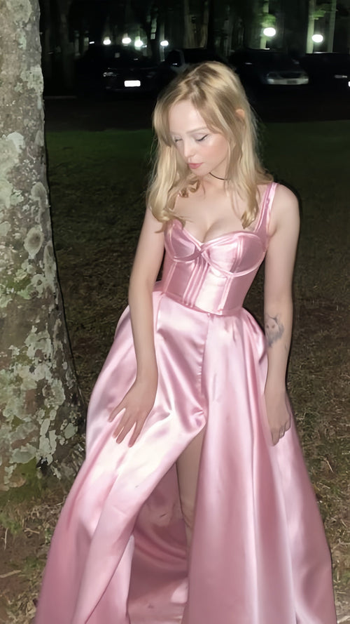Sweet Pink A-Line Party Dress, Junior/Senior Prom Dress With Side Slit,AST1710