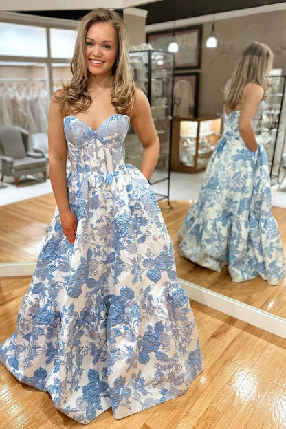 Sweetheart Pink Floral A-line Prom Gown