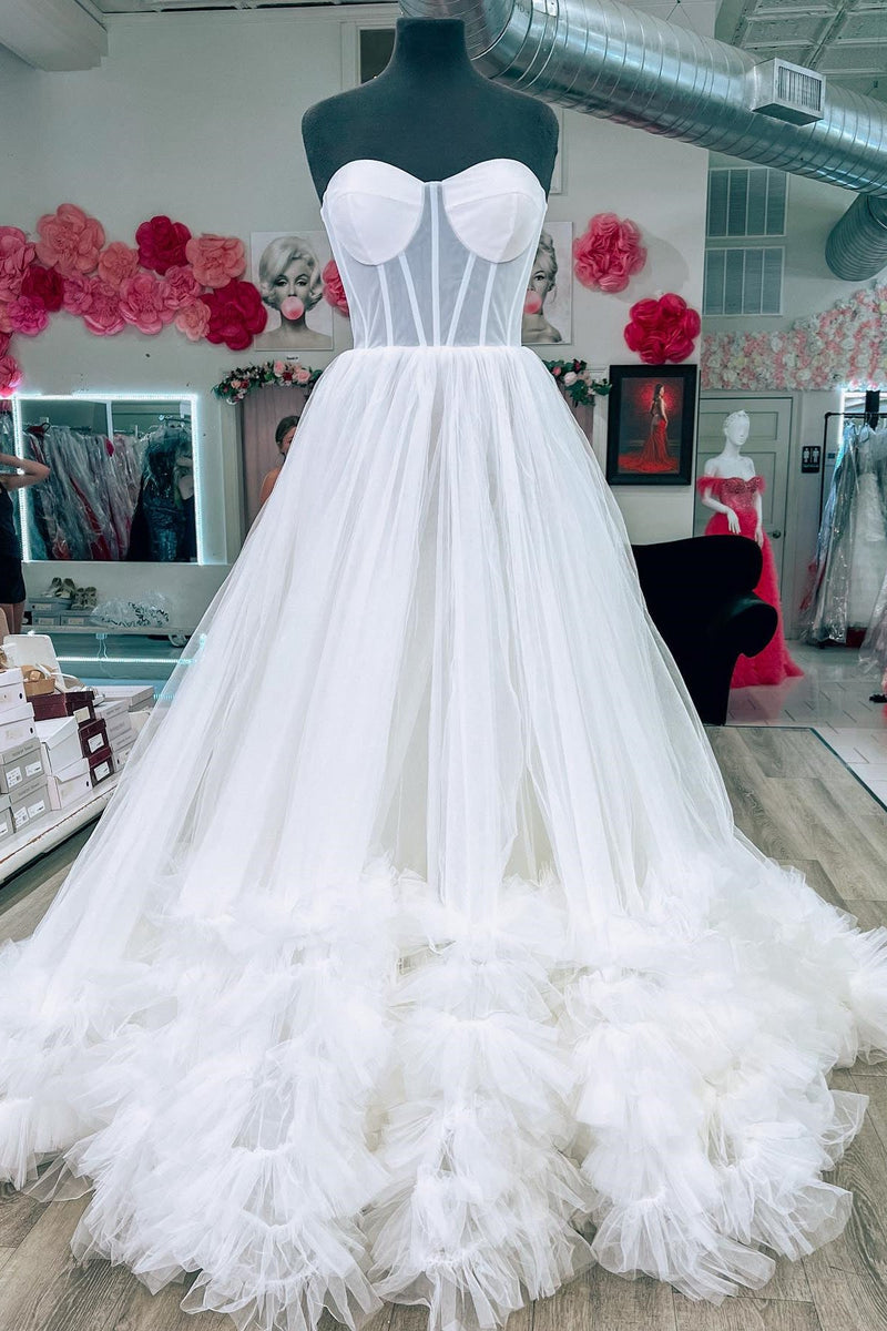 Sweetheart White Corset Ruffles Long Formal Dress