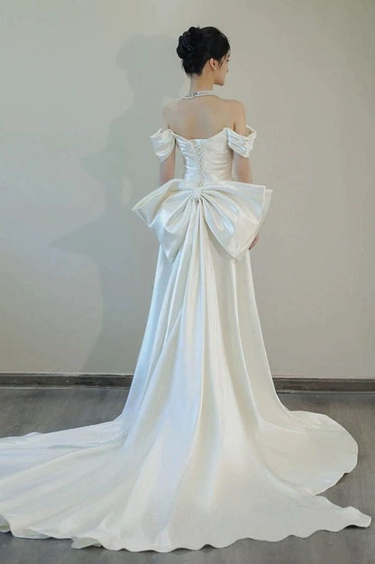 Unique Mermaid Off The Shoulder Pleats Short Sleeves Satin Wedding Dresses,AST2305