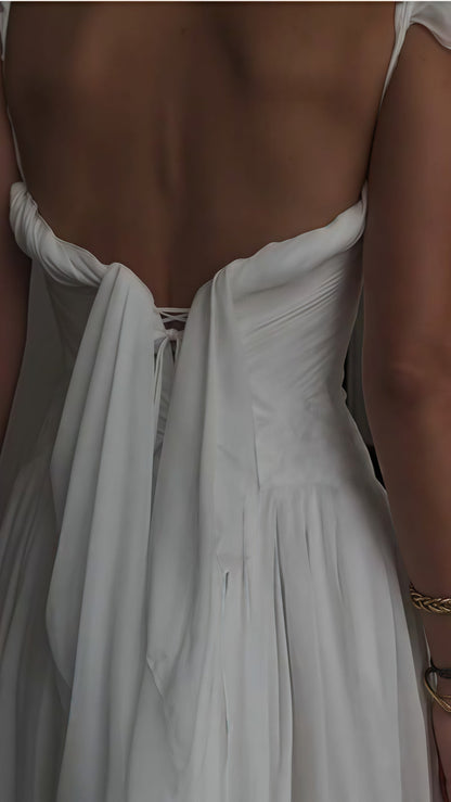 White Pleated Chiffon Wedding Gown - Cap Sleeves V-Neck Bridal Dress